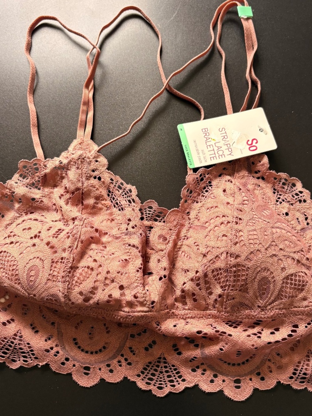 Juniors' SO Strappy Lace Bralette Dusty Rose Pullover Wireless Removable